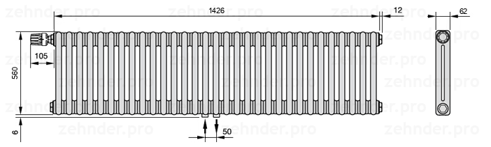 Схема (чертеж) Радиатор Zehnder Charleston 2056/31 №V007 Белый глянцевый RAL 9016